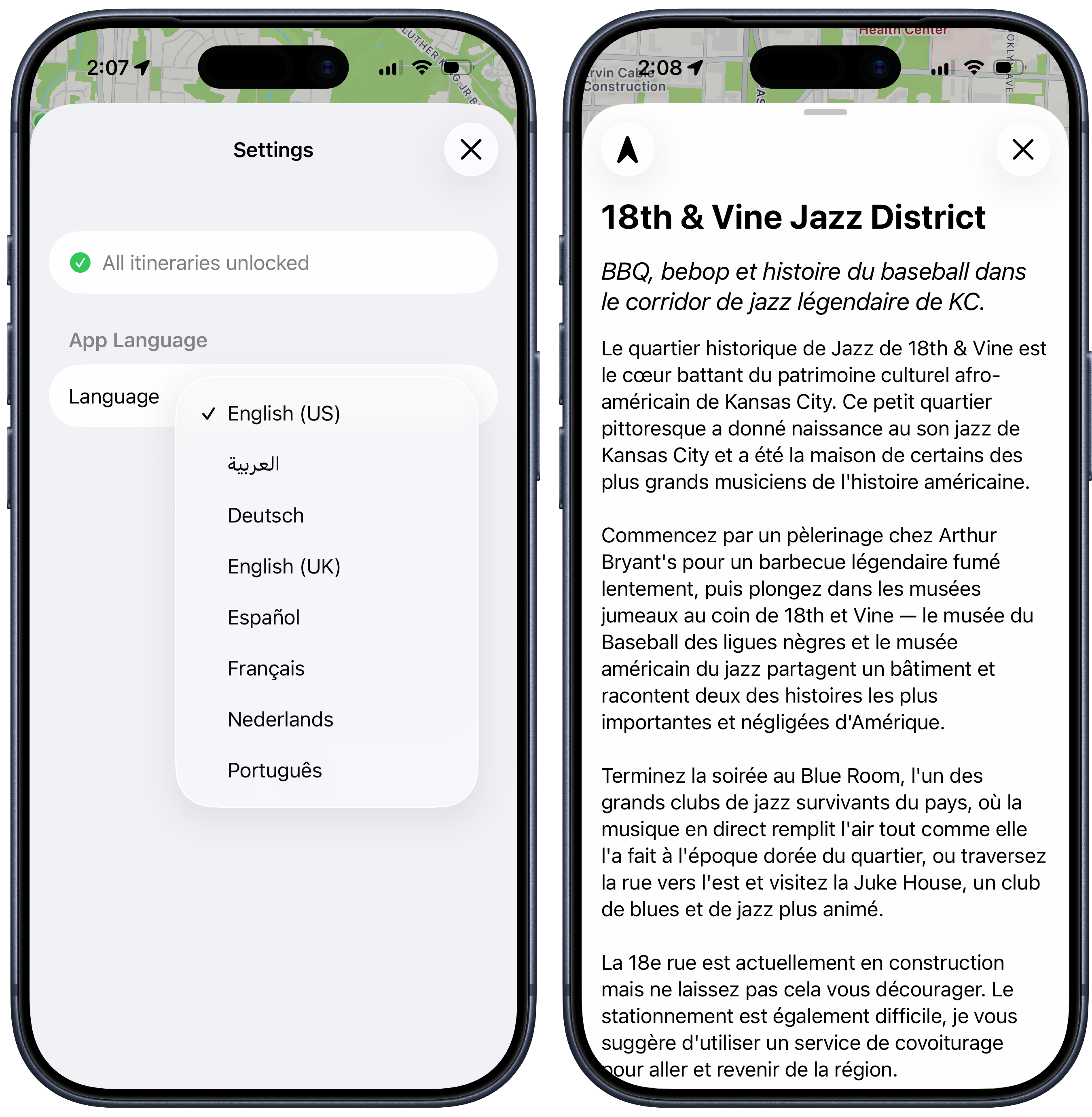 Eight language options screen